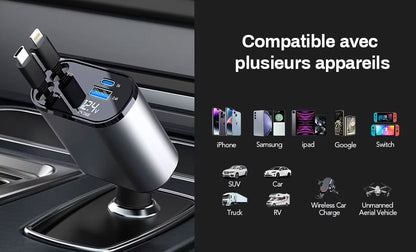 SuperCharge - Chargeur Rétractable Rapide 4-en-1 pour Voiture